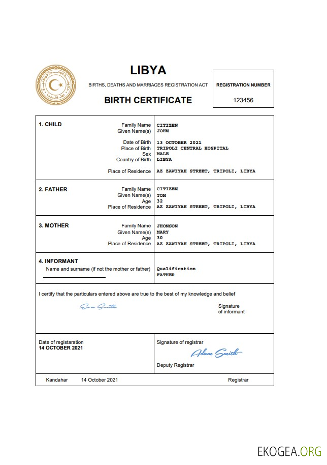 Modèle Word et PDF d'acte de naissance en Libye
